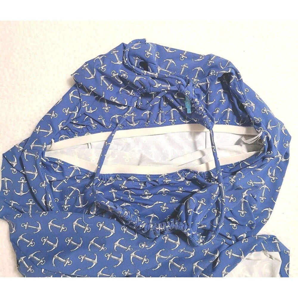 Sleeveless Blue Anchor-Print Midi Dress with Tie Neck - Picture 5 of 11